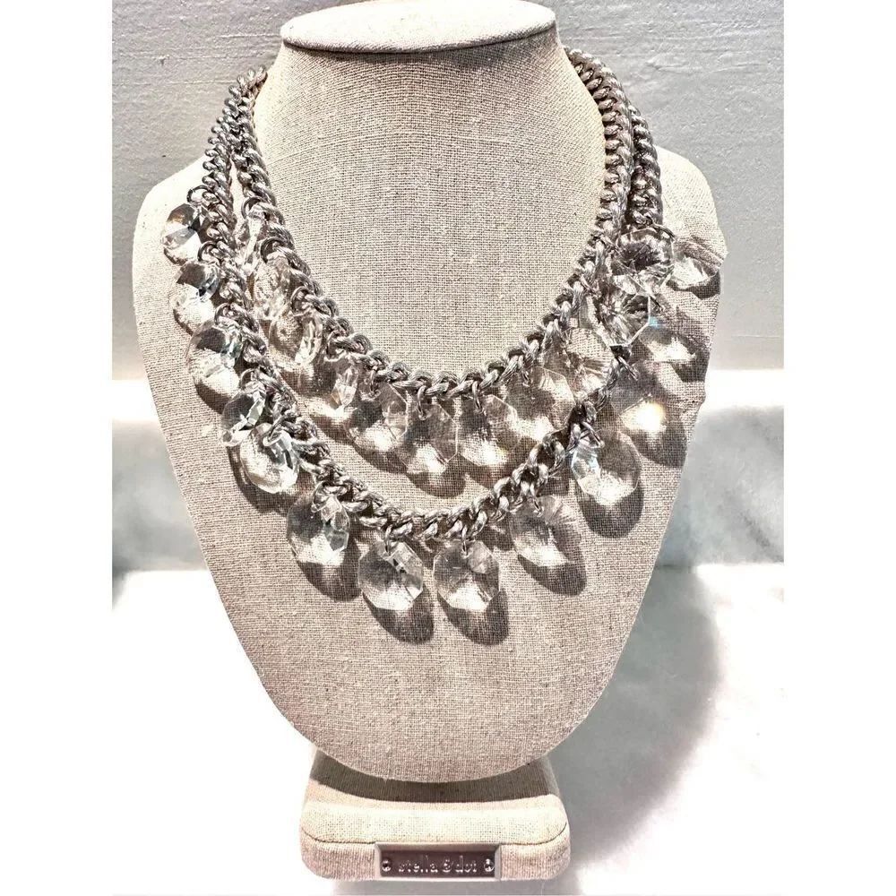 Retired RARE Stella & Dot Layered Faceted Chunky Crystal Silver & Clear Necklace